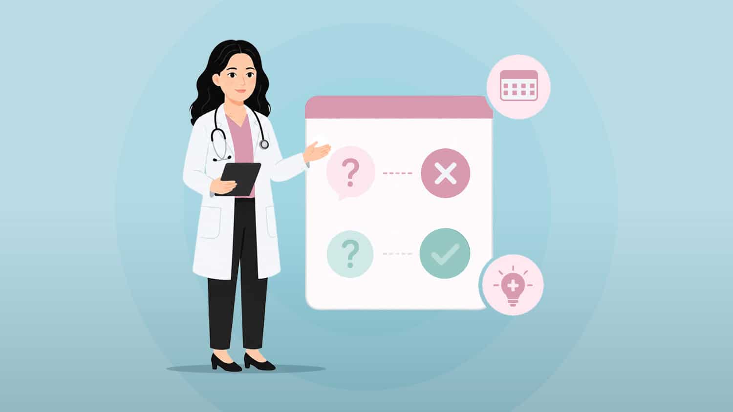 Female doctor explaining period myths with checkmarks and crosses.