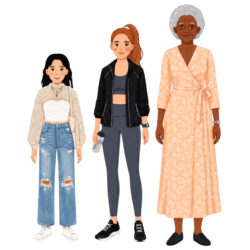 Three women of different ages and backgrounds standing together for menstrual health awareness.