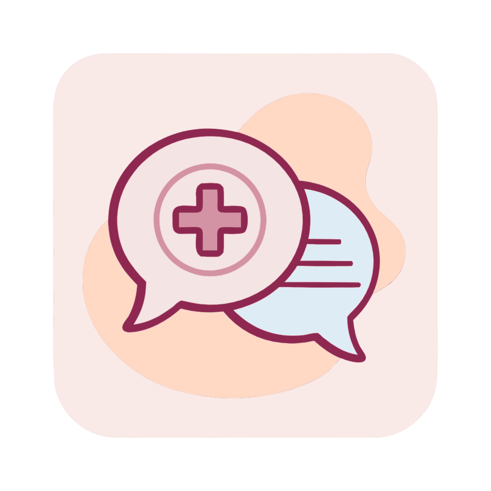 Medical consultation icon with speech bubbles and a plus sign.