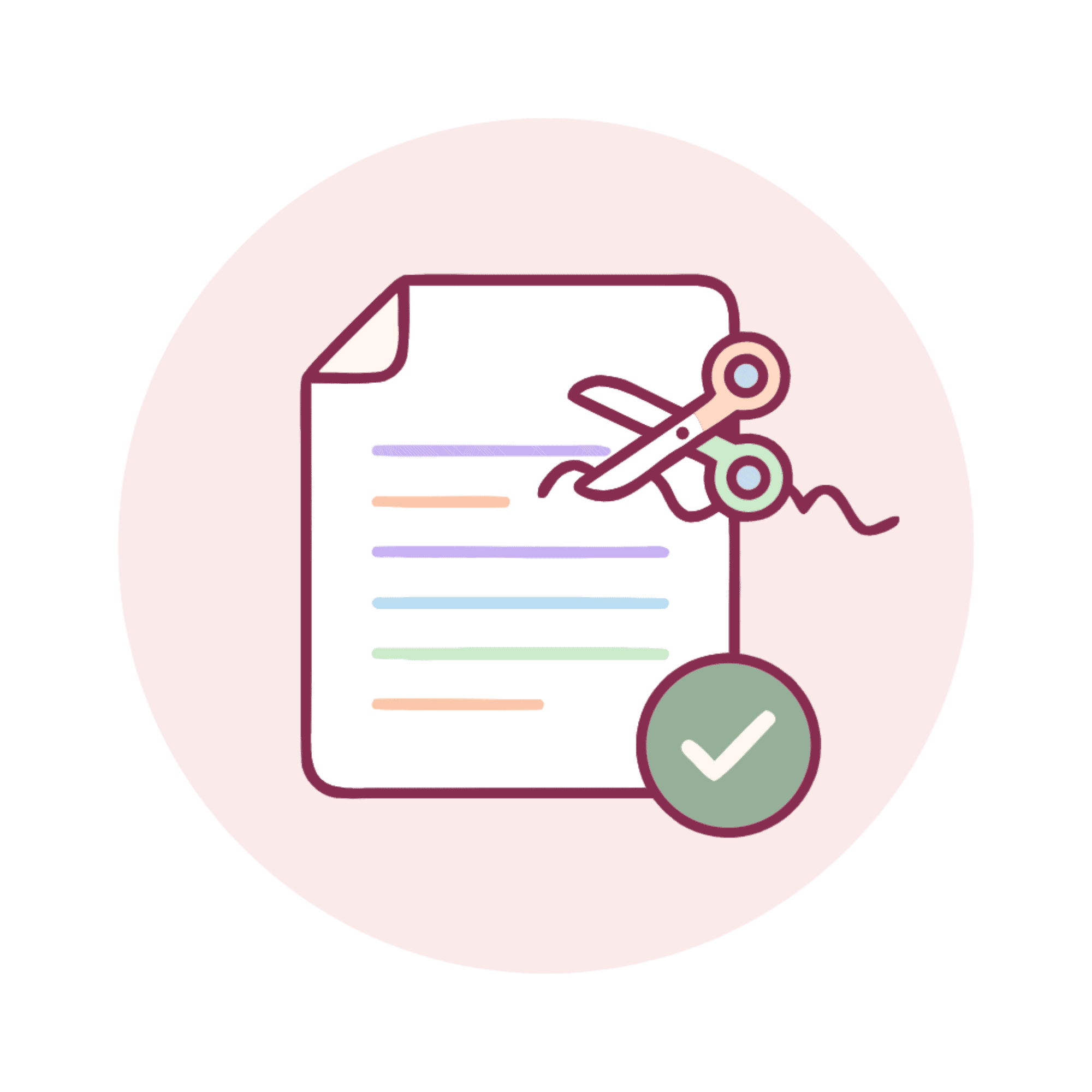 Document with scissors and checkmark symbolizing editing and approval.