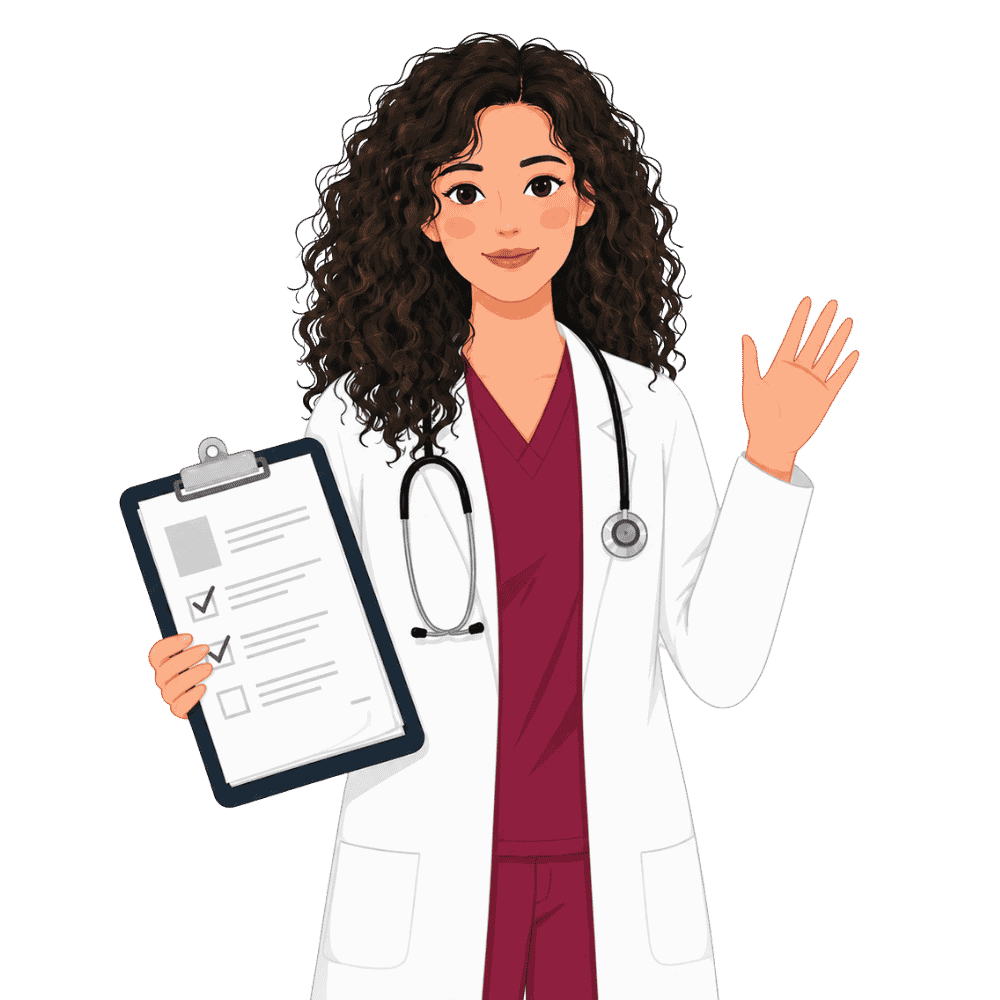 Female doctor holding a clipboard and waving, wearing a white coat and stethoscope.