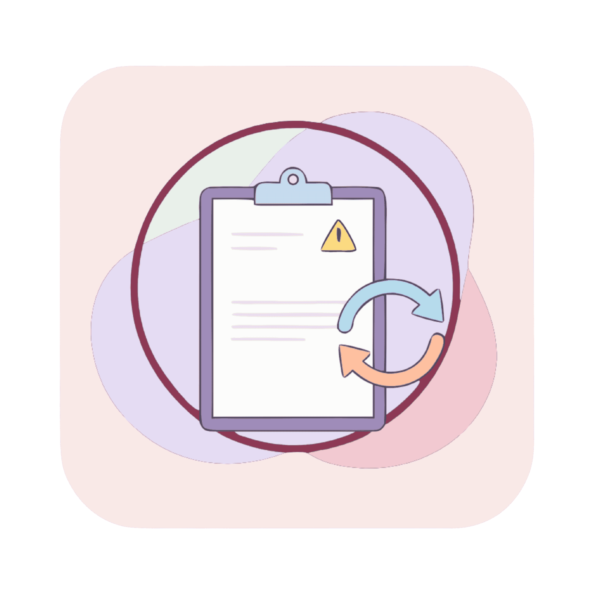 Illustration of a clipboard with warning sign and circular arrows for menstrual health management.
