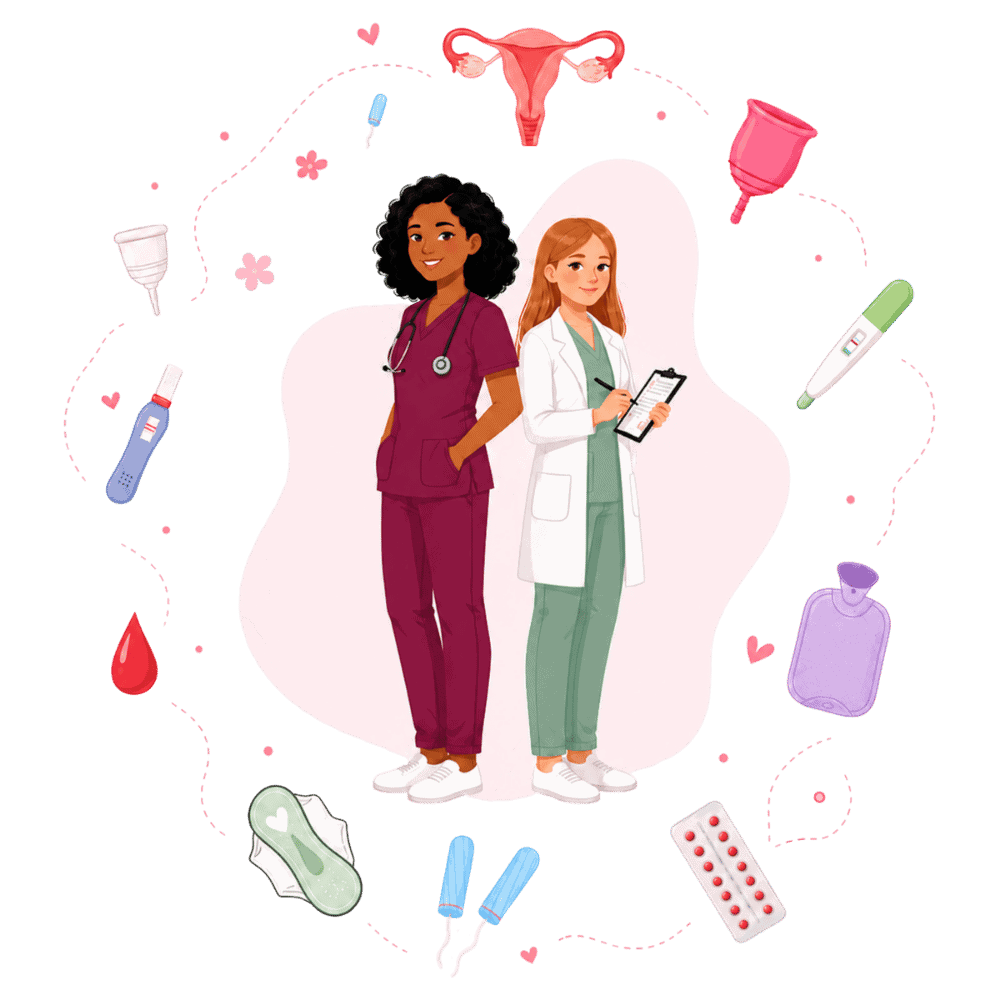 Two healthcare professionals surrounded by menstrual health products and symbols.