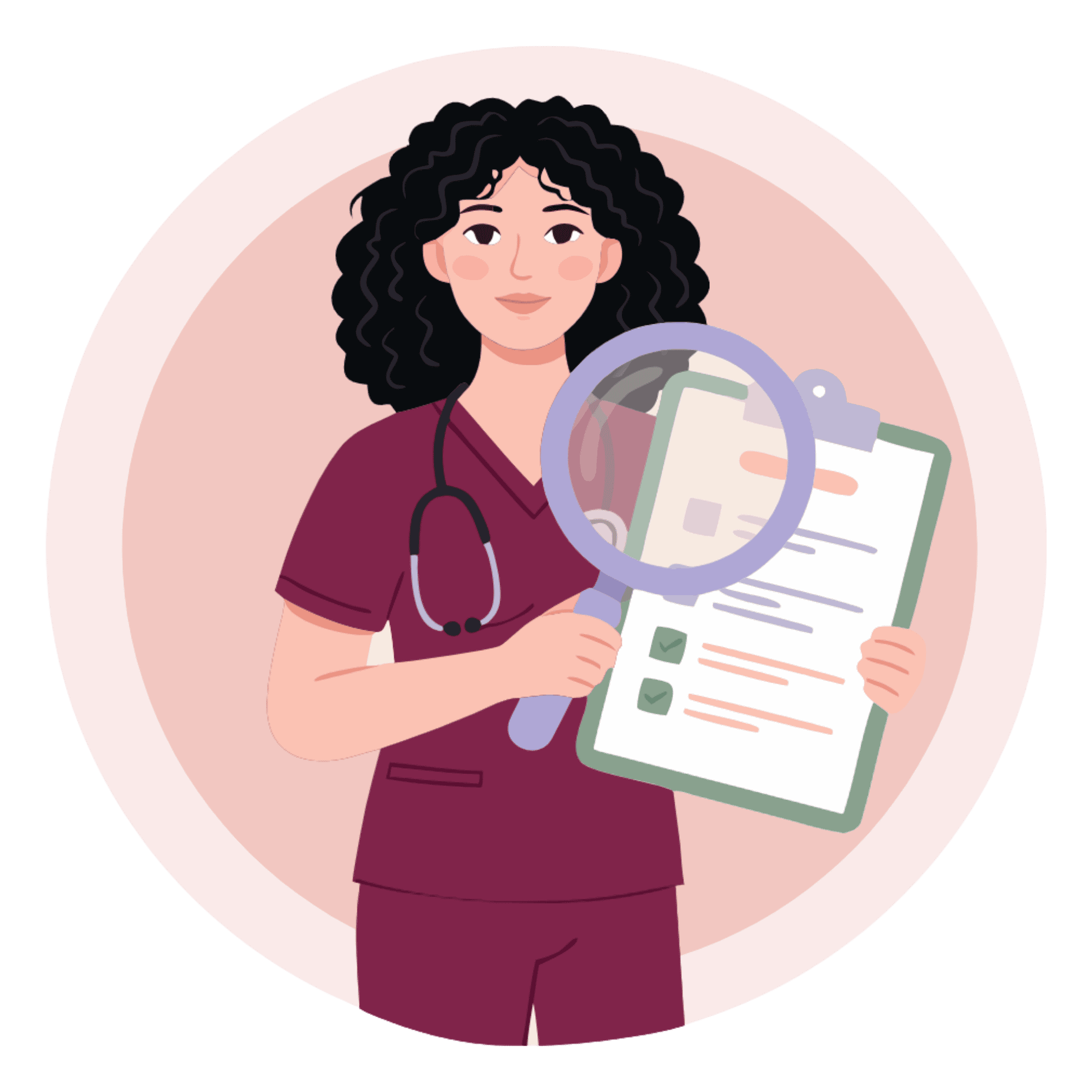 Female healthcare professional holding a clipboard and magnifying glass.