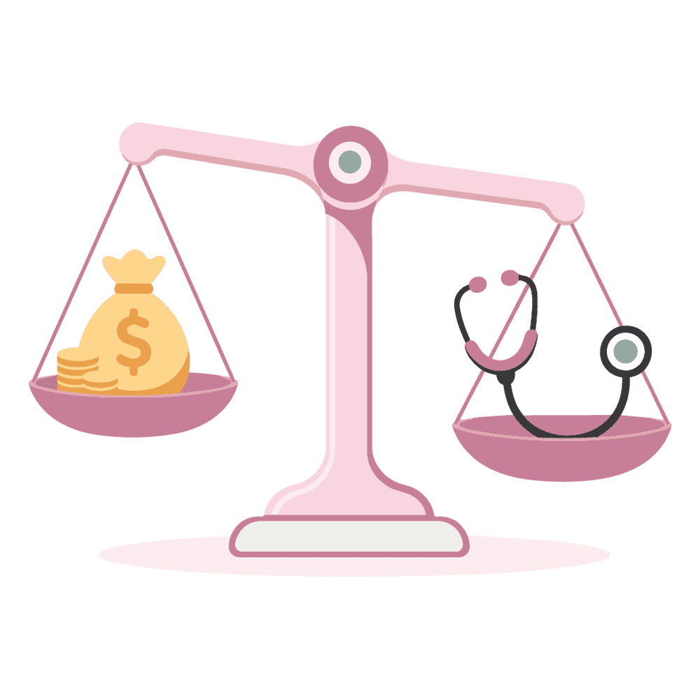 Scales balancing a money bag and stethoscope for healthcare costs.