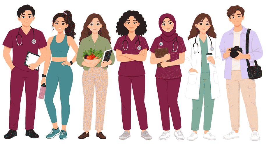 Group of healthcare professionals including doctors and nurses in medical uniforms.